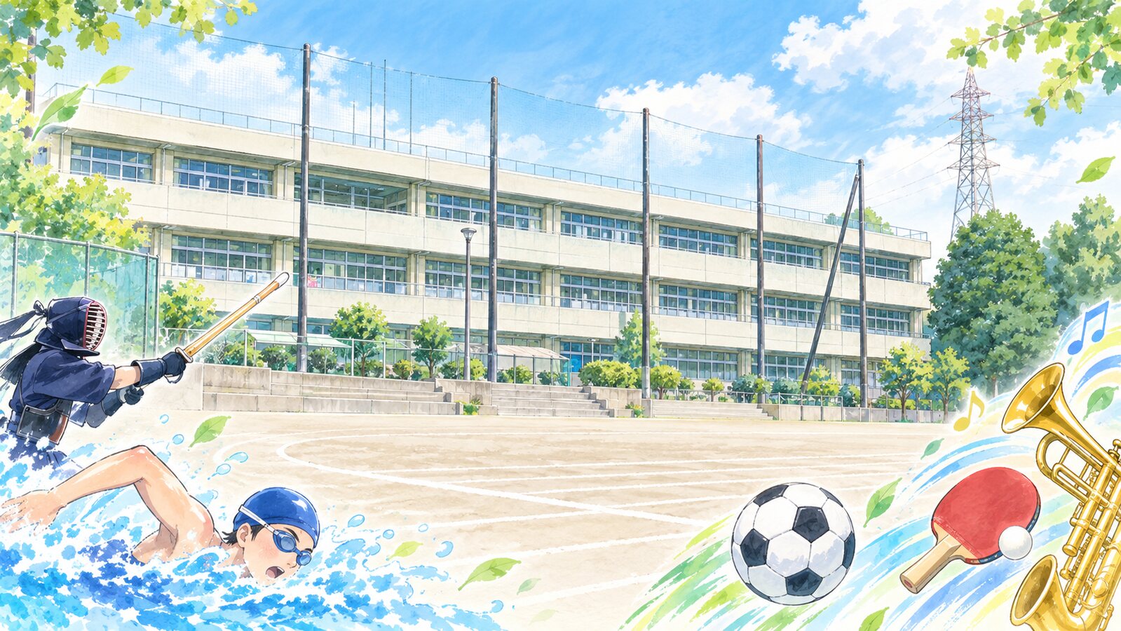 横浜市立六角橋中学校の校舎を背景にした六中生の部活動の活躍を表すイラスト
